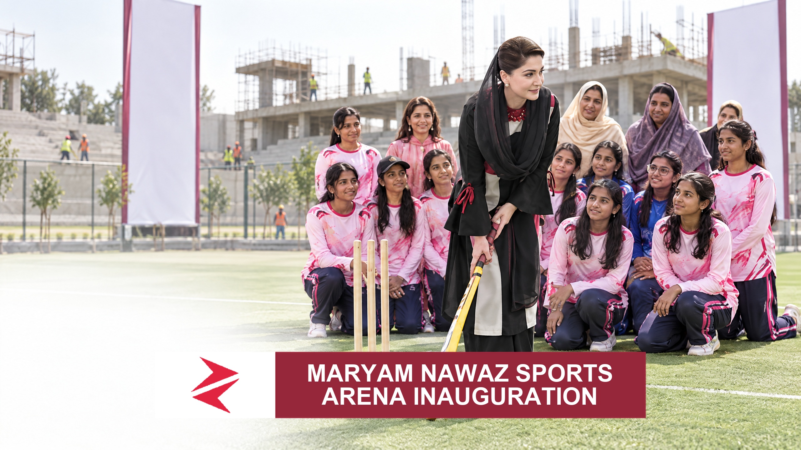 AI-generated editorial illustration: Conceptual editorial illustration for Maryam Nawaz Sports Arena Inauguration. Not a documentary photograph.