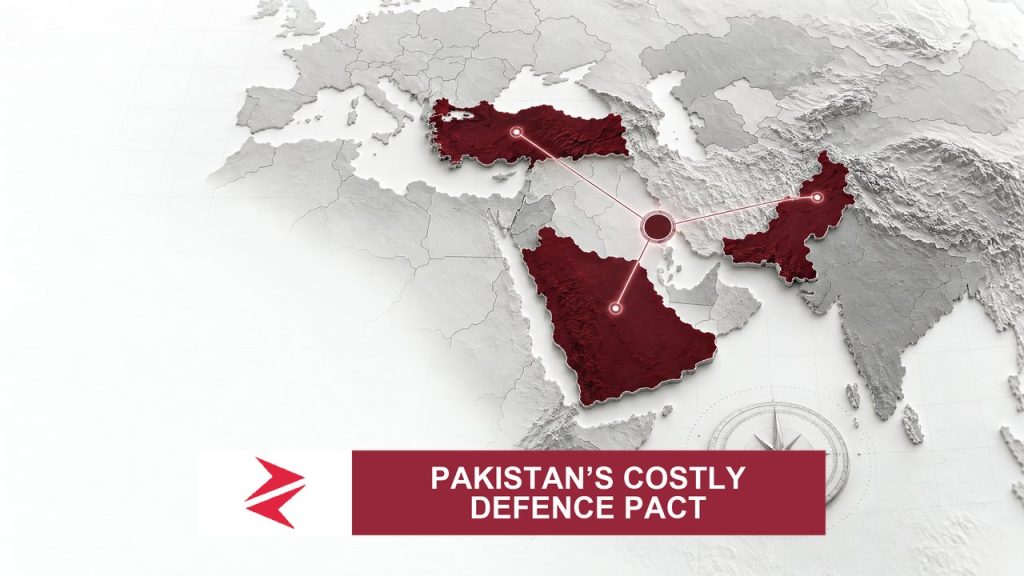 AI-generated editorial illustration: Conceptual editorial illustration for Pakistan’s Costly Defence Pact. Not a documentary photograph.