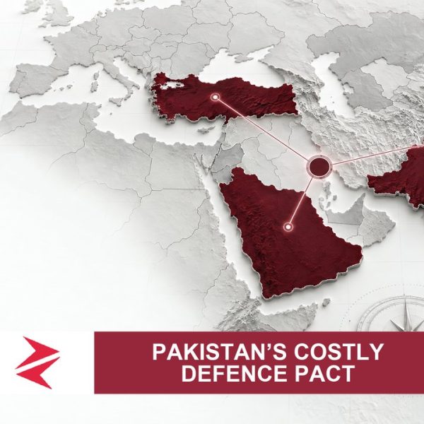 AI-generated editorial illustration: Conceptual editorial illustration for Pakistan’s Costly Defence Pact. Not a documentary photograph.