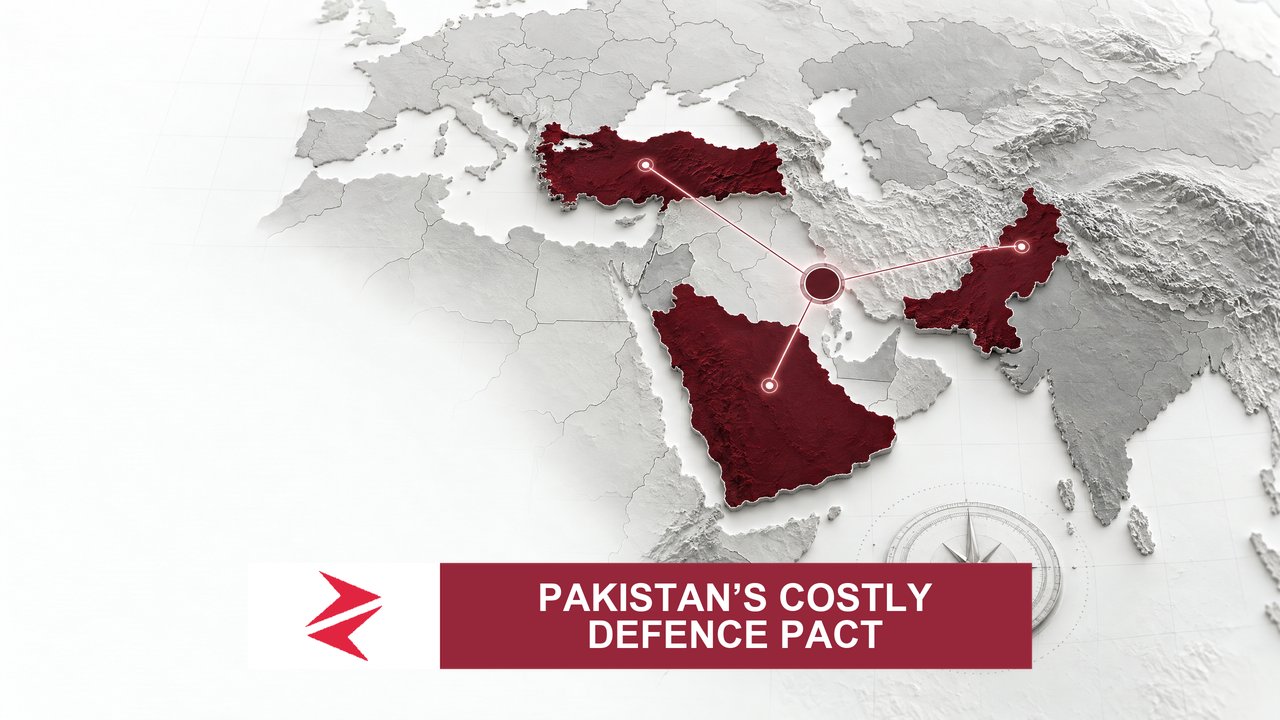 AI-generated editorial illustration: Conceptual editorial illustration for Pakistan’s Costly Defence Pact. Not a documentary photograph.