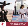 AI-generated editorial illustration: Conceptual editorial illustration for Iran Ninja Claim vs Pakistan Reality. Not a documentary photograph.
