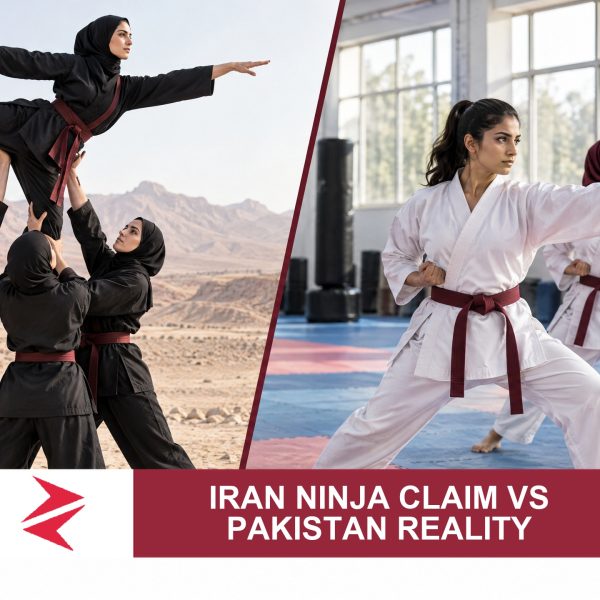 AI-generated editorial illustration: Conceptual editorial illustration for Iran Ninja Claim vs Pakistan Reality. Not a documentary photograph.