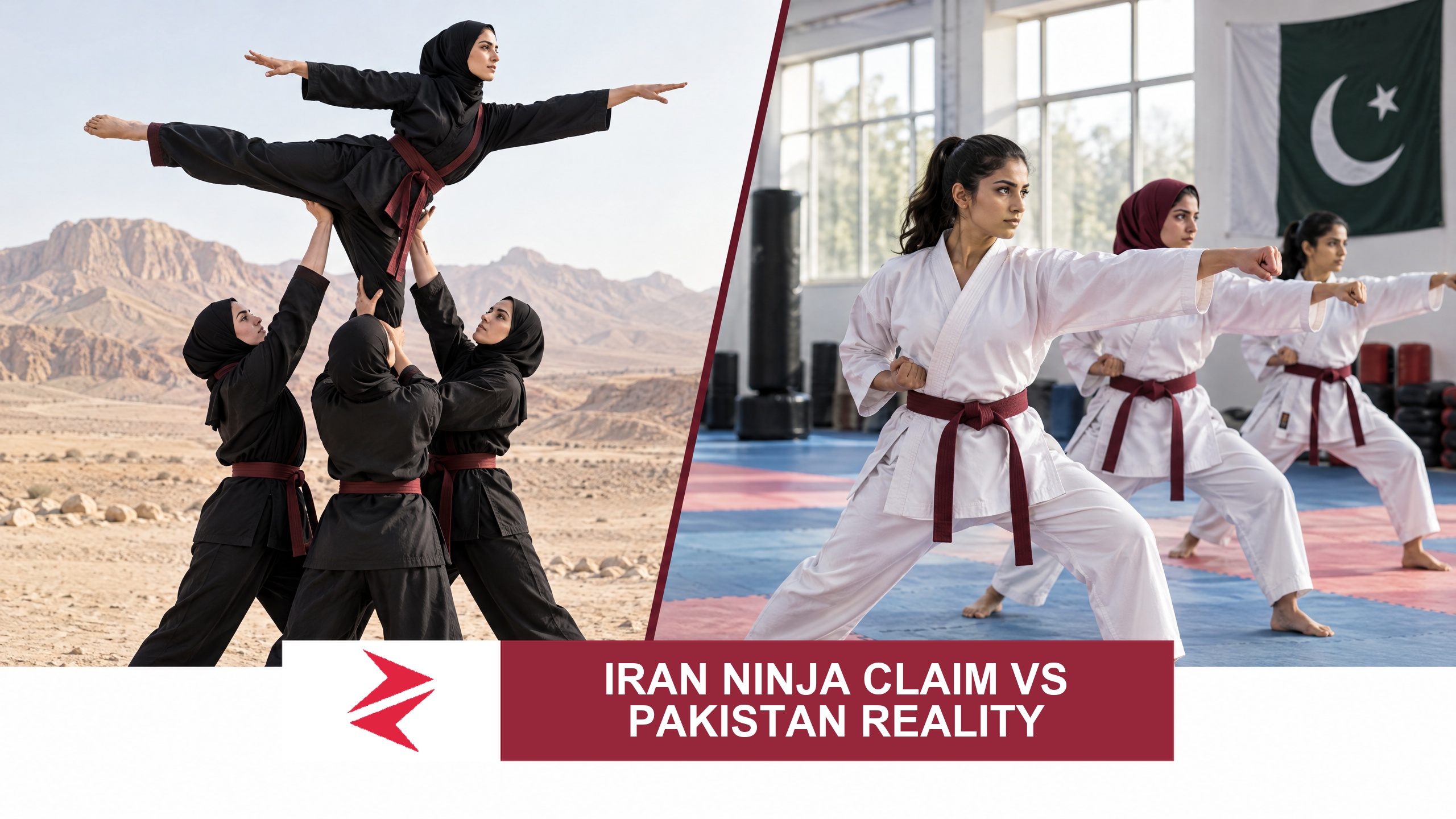 AI-generated editorial illustration: Conceptual editorial illustration for Iran Ninja Claim vs Pakistan Reality. Not a documentary photograph.
