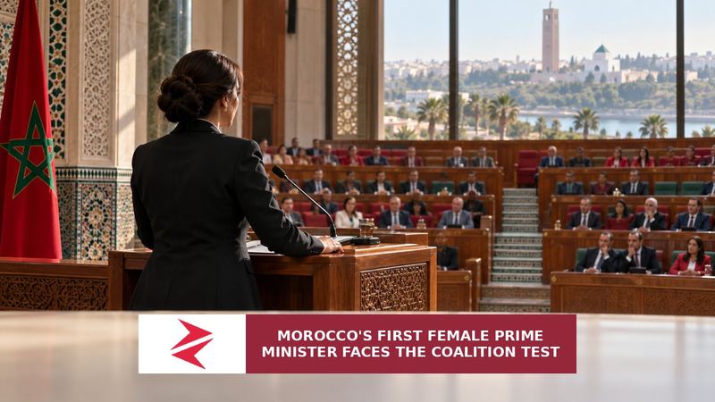Conceptual editorial illustration of Morocco’s first female prime minister addressing a divided parliament