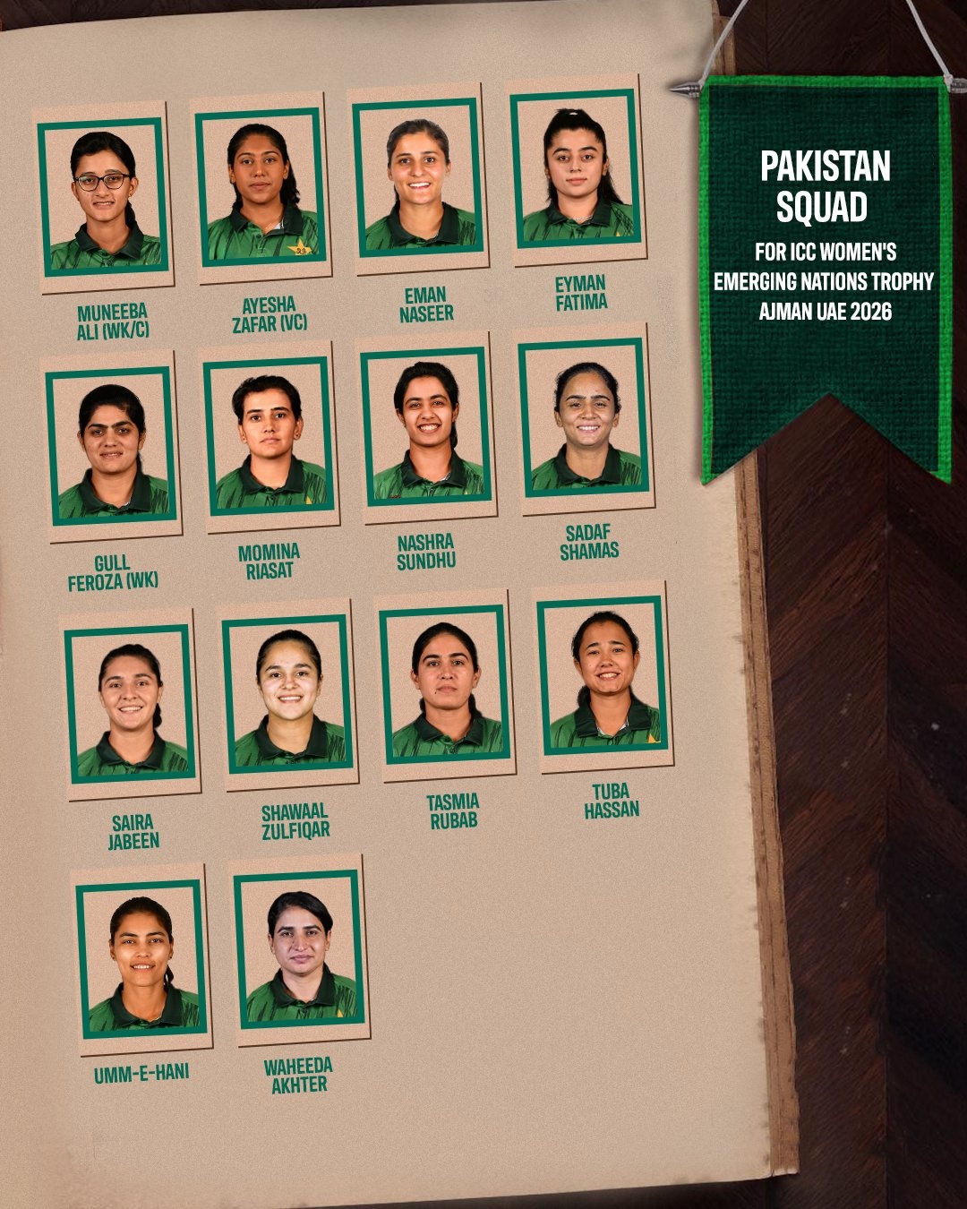 Graphic showing the Pakistan women's cricket squad for the ICC Women’s Emerging Nations Trophy 2026, with 14 player portrait photos framed in white and green borders and their names listed