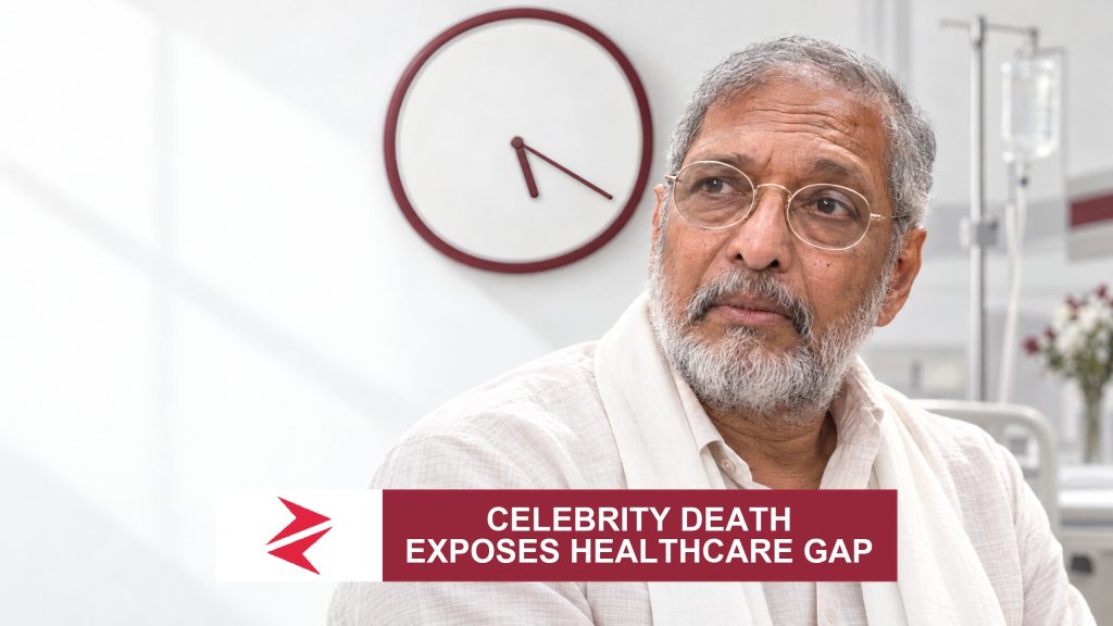 AI-generated editorial illustration: Conceptual editorial illustration for Celebrity Death Exposes Healthcare Gap. Not a documentary photograph.