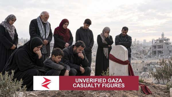 AI-generated editorial illustration: Conceptual editorial illustration for Unverified Gaza Casualty Figures. Not a documentary photograph.