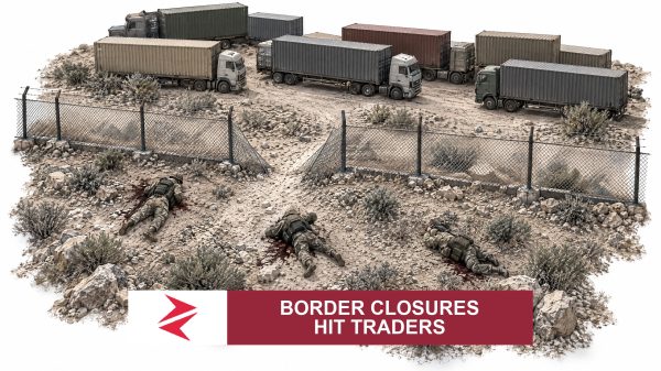 AI-generated editorial illustration: Conceptual editorial illustration for Border Closures Hit Traders. Not a documentary photograph.
