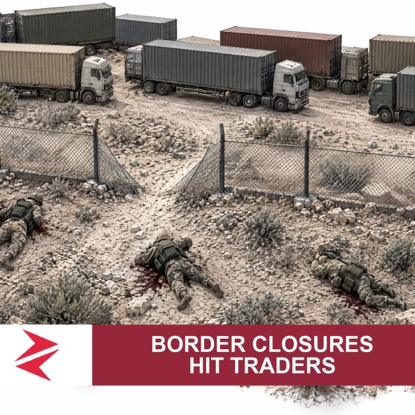 AI-generated editorial illustration: Conceptual editorial illustration for Border Closures Hit Traders. Not a documentary photograph.
