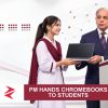 AI-generated editorial illustration: Conceptual editorial illustration for PM Hands Chromebooks to Students. Not a documentary photograph.