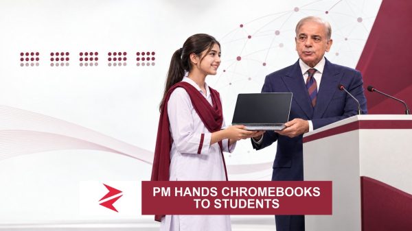 AI-generated editorial illustration: Conceptual editorial illustration for PM Hands Chromebooks to Students. Not a documentary photograph.
