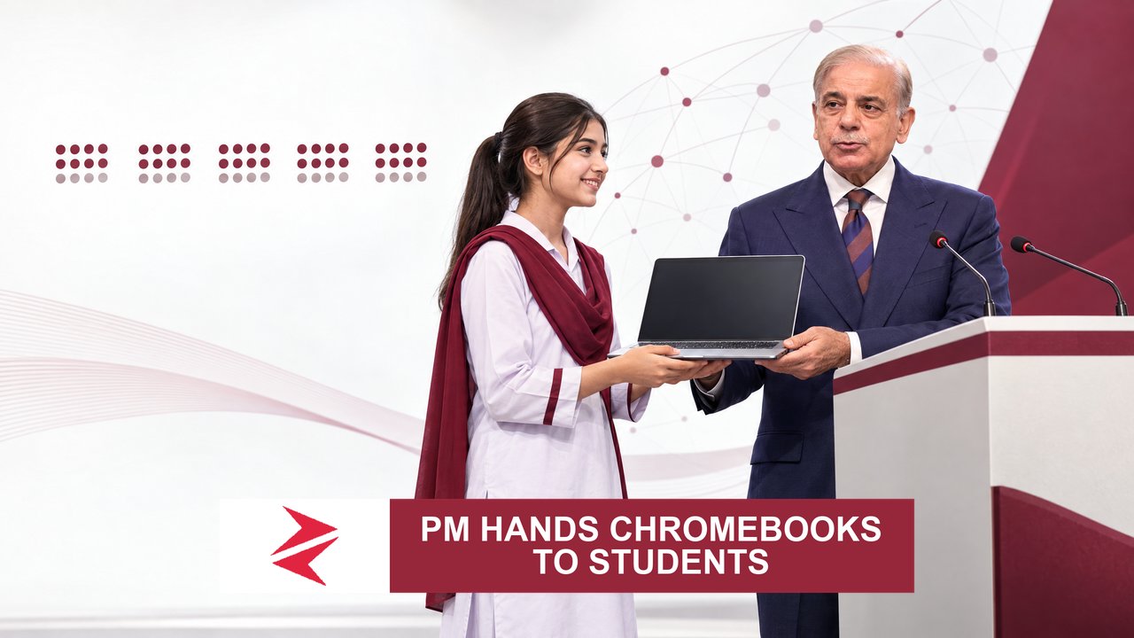 AI-generated editorial illustration: Conceptual editorial illustration for PM Hands Chromebooks to Students. Not a documentary photograph.