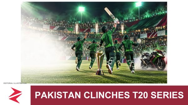 AI-generated editorial illustration: Conceptual editorial illustration for Pakistan clinches T20 series. Not a documentary photograph.
