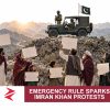 AI-generated editorial illustration: Conceptual editorial illustration for Emergency Rule Sparks Imran Khan Protests. Not a documentary photograph.