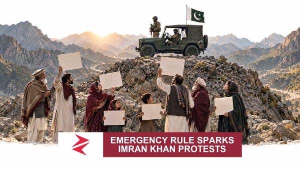 AI-generated editorial illustration: Conceptual editorial illustration for Emergency Rule Sparks Imran Khan Protests. Not a documentary photograph.