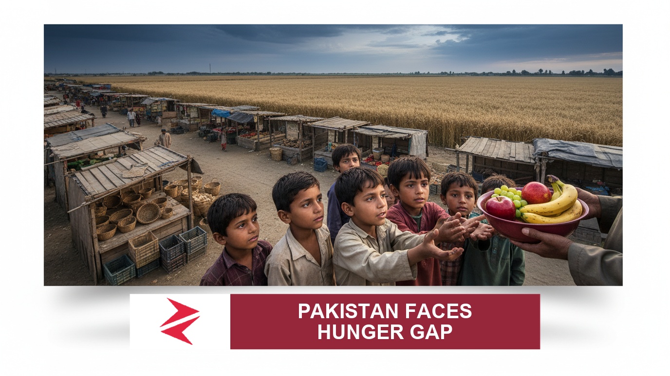 AI-generated editorial illustration: Conceptual editorial illustration for Pakistan Faces Hunger Gap. Not a documentary photograph.