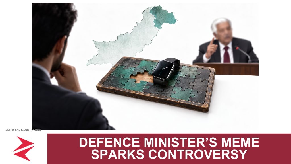 AI-generated editorial illustration: Conceptual editorial illustration for Defence Minister’s Meme Sparks Controversy. Not a documentary photograph.
