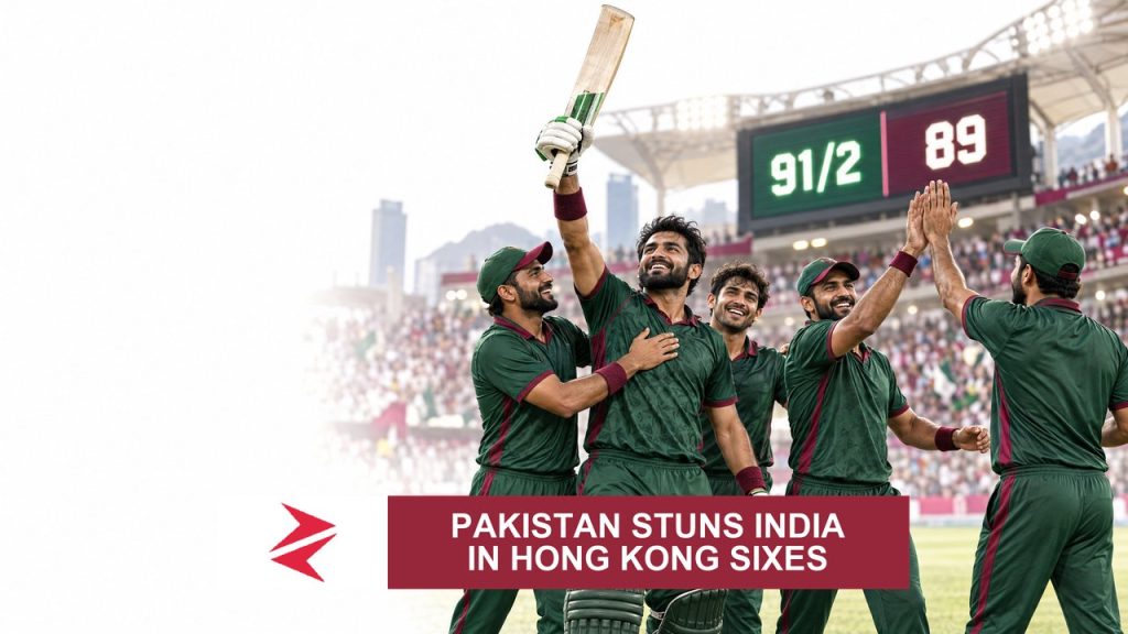 AI-generated editorial illustration: Conceptual editorial illustration for Pakistan Stuns India in Hong Kong Sixes. Not a documentary photograph.