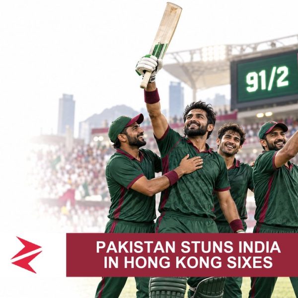 AI-generated editorial illustration: Conceptual editorial illustration for Pakistan Stuns India in Hong Kong Sixes. Not a documentary photograph.