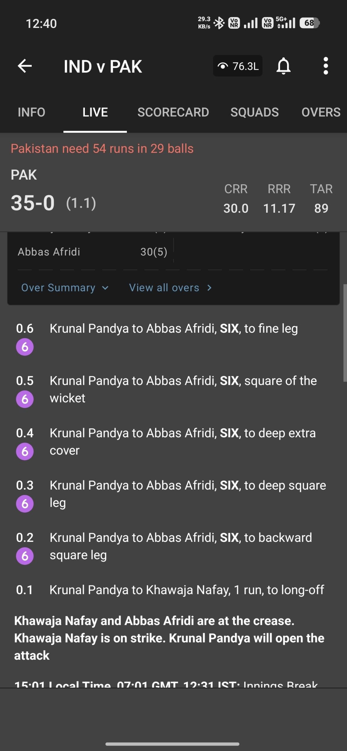 Screenshot of a mobile cricket score app showing Pakistan 35‑0 after 1.1 overs, with five consecutive sixes hit by Abbas Afridi off Krunal Pandya