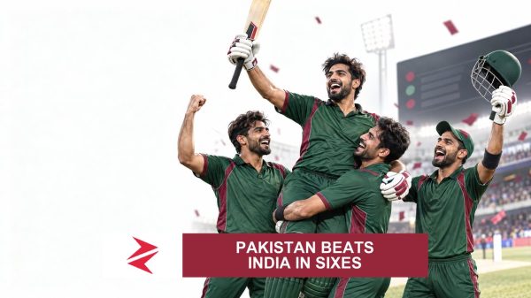 AI-generated editorial illustration: Conceptual editorial illustration for Pakistan Beats India in Sixes. Not a documentary photograph.