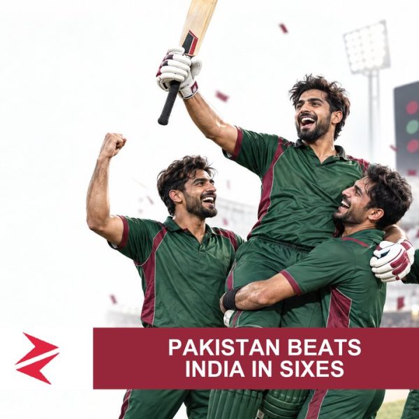 AI-generated editorial illustration: Conceptual editorial illustration for Pakistan Beats India in Sixes. Not a documentary photograph.