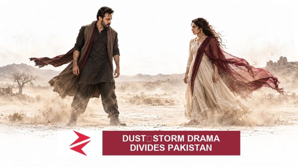 AI-generated editorial illustration: Conceptual editorial illustration for Dust‑Storm Drama Divides Pakistan. Not a documentary photograph.