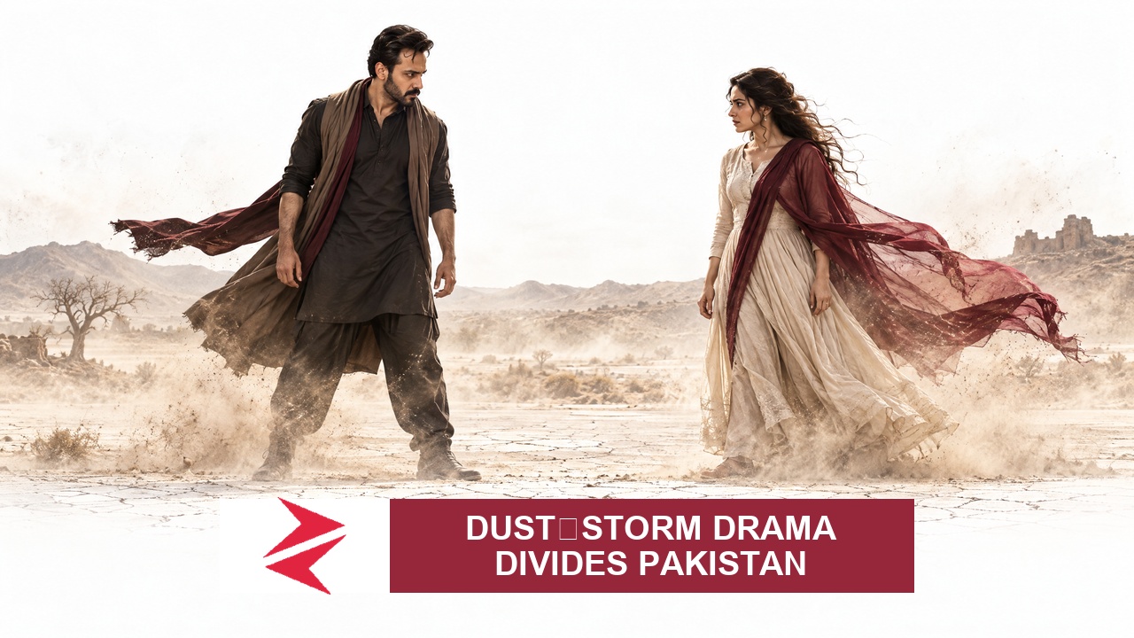 AI-generated editorial illustration: Conceptual editorial illustration for Dust‑Storm Drama Divides Pakistan. Not a documentary photograph.