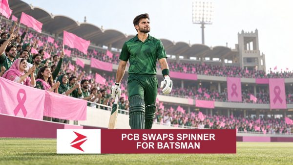 AI-generated editorial illustration: Conceptual editorial illustration for PCB Swaps Spinner for Batsman. Not a documentary photograph.