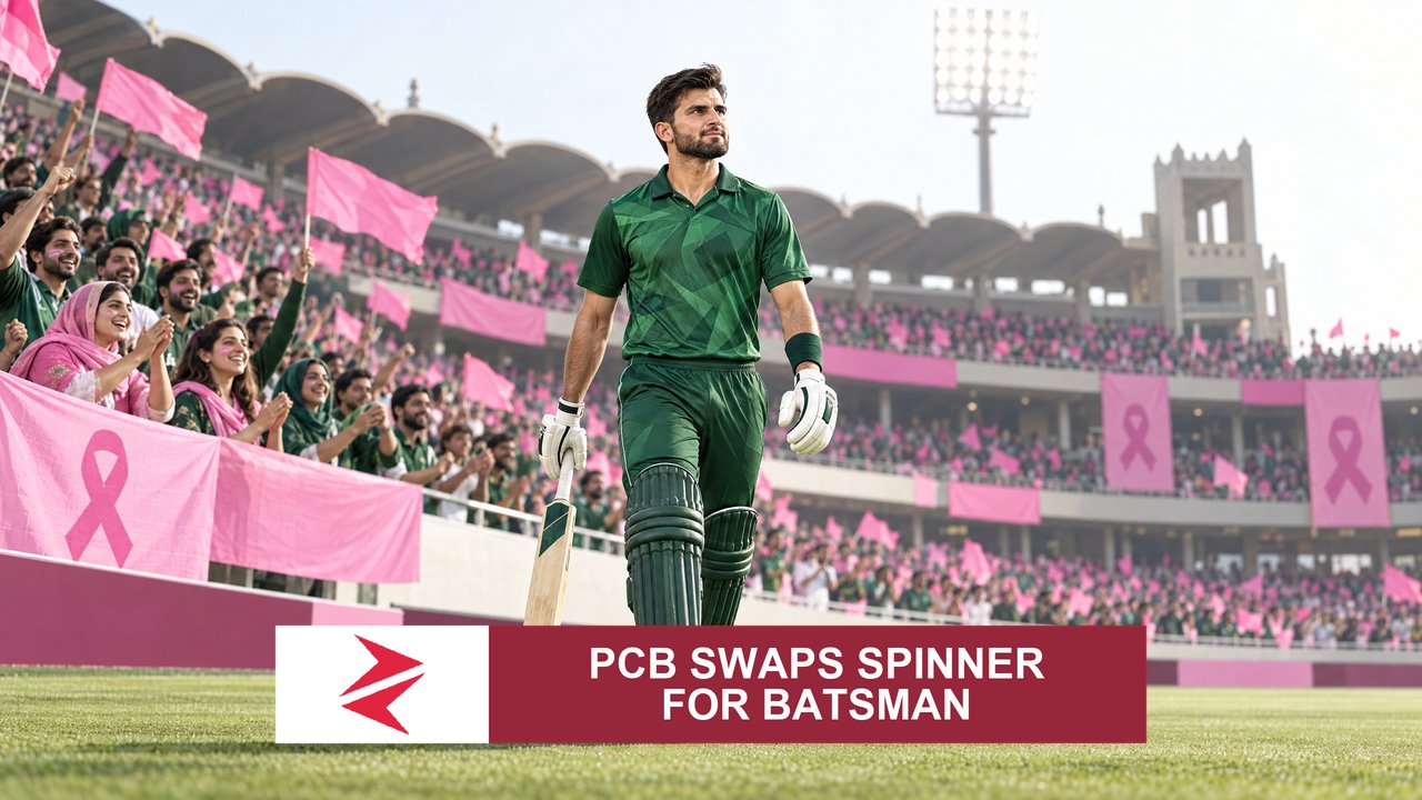 AI-generated editorial illustration: Conceptual editorial illustration for PCB Swaps Spinner for Batsman. Not a documentary photograph.