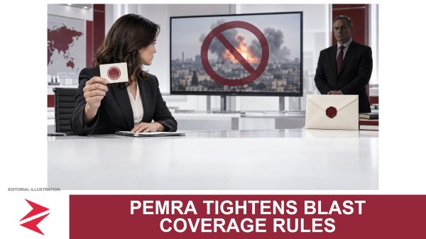 AI-generated editorial illustration: Conceptual editorial illustration for PEMRA Tightens Blast Coverage Rules. Not a documentary photograph.