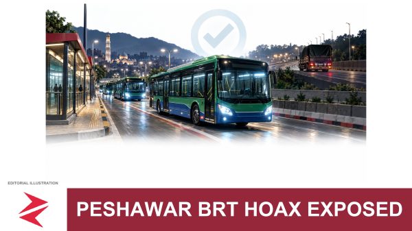 AI-generated editorial illustration: Conceptual editorial illustration for Peshawar BRT Hoax Exposed. Not a documentary photograph.