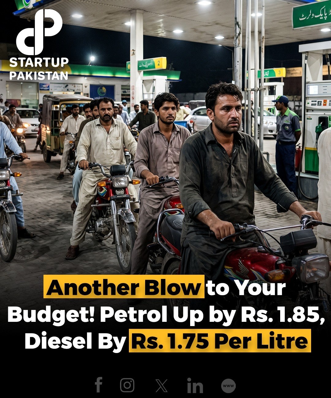 Screenshot of a Startup Pakistan X post showing a night‑time petrol station scene with text overlay announcing petrol up Rs 1.85 per litre and diesel up Rs 1.75 per litre