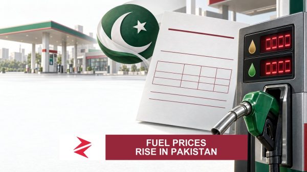 AI-generated editorial illustration: Conceptual editorial illustration for Fuel Prices Rise in Pakistan. Not a documentary photograph.
