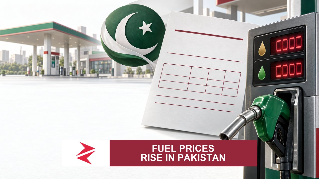 AI-generated editorial illustration: Conceptual editorial illustration for Fuel Prices Rise in Pakistan. Not a documentary photograph.