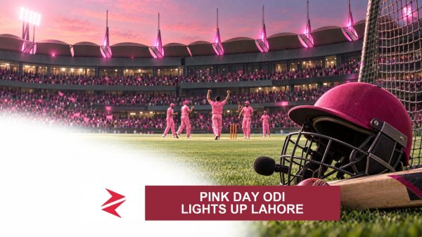 AI-generated editorial illustration: Conceptual editorial illustration for Pink Day ODI Lights Up Lahore. Not a documentary photograph.