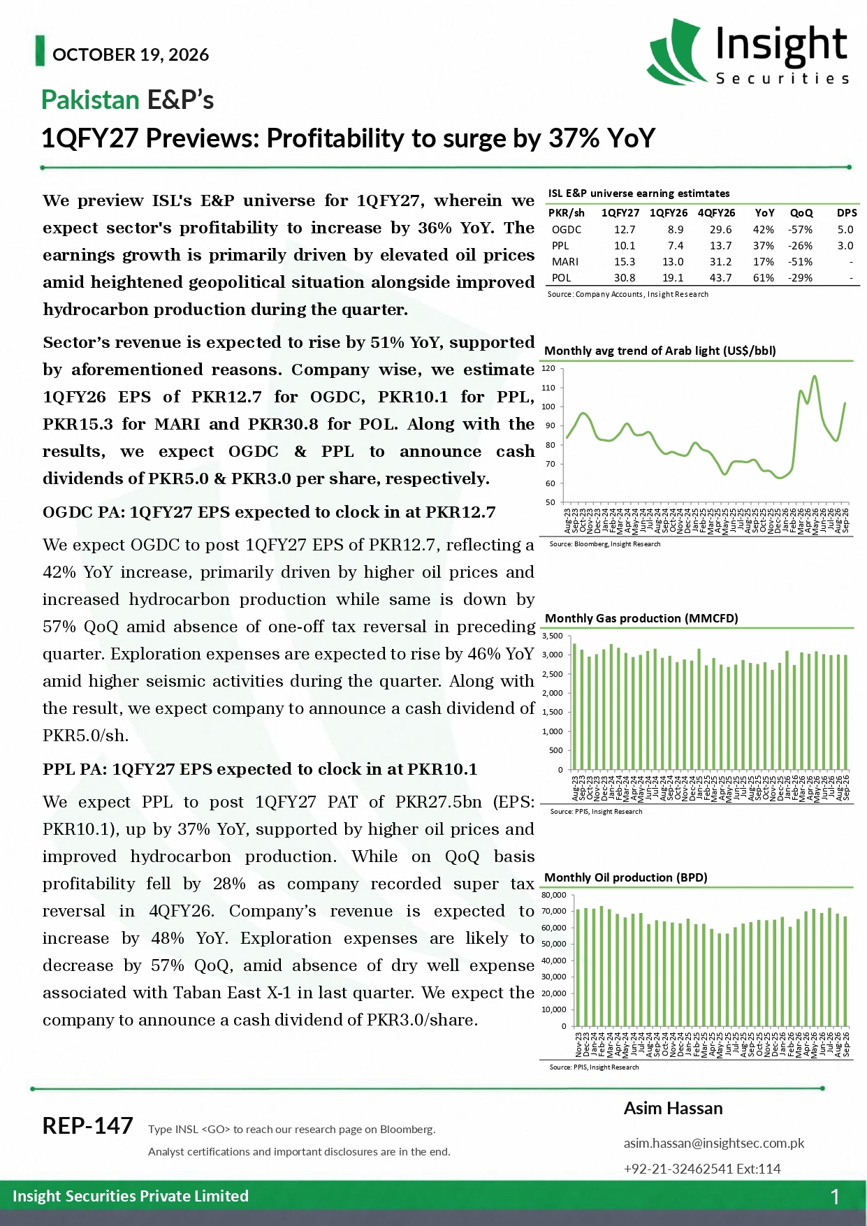 Page from Insight Securities report dated October 19 2026 showing earnings estimates for OGDC (PKR 12.7 EPS) and PPL (PKR 10.1 EPS) along with oil price and production charts