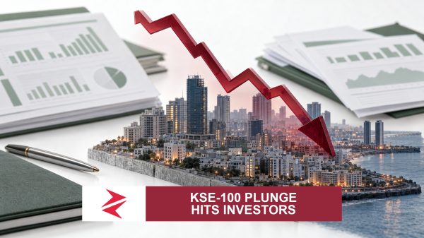 AI-generated editorial illustration: Conceptual editorial illustration for KSE‑100 Plunge Hits Investors. Not a documentary photograph.