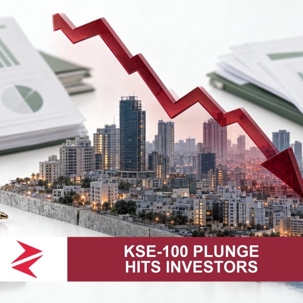 AI-generated editorial illustration: Conceptual editorial illustration for KSE‑100 Plunge Hits Investors. Not a documentary photograph.