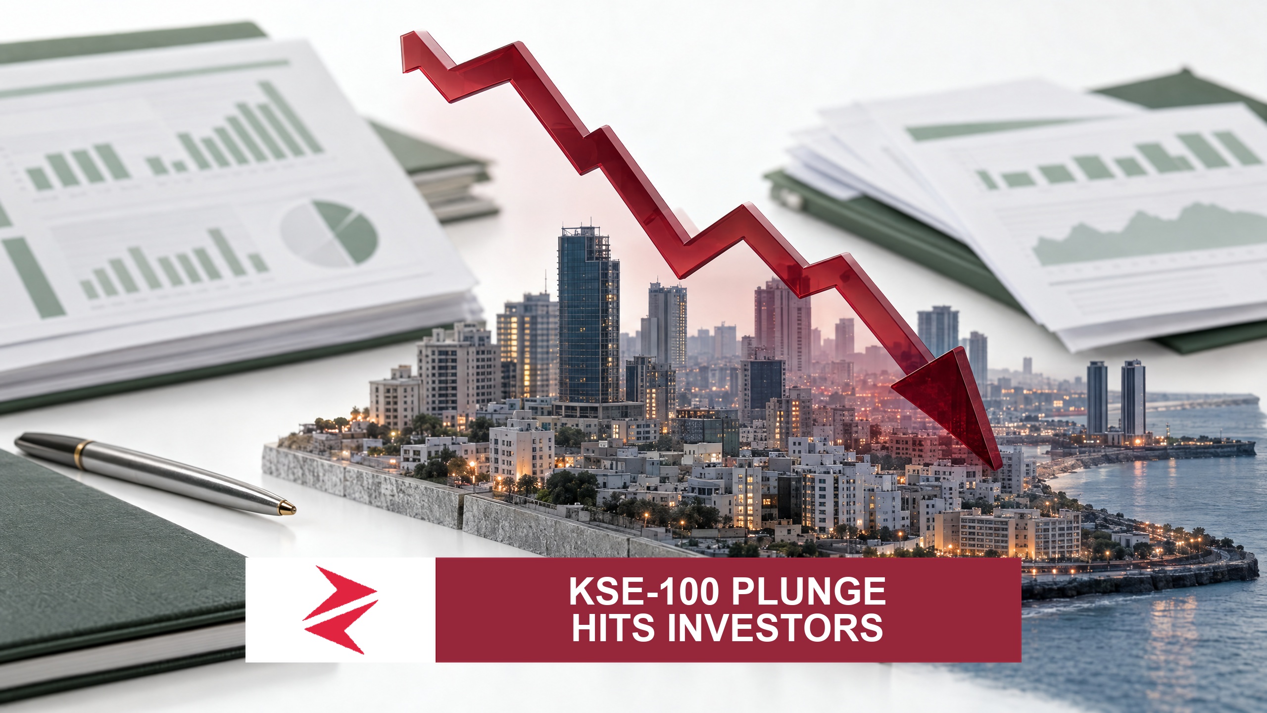AI-generated editorial illustration: Conceptual editorial illustration for KSE‑100 Plunge Hits Investors. Not a documentary photograph.