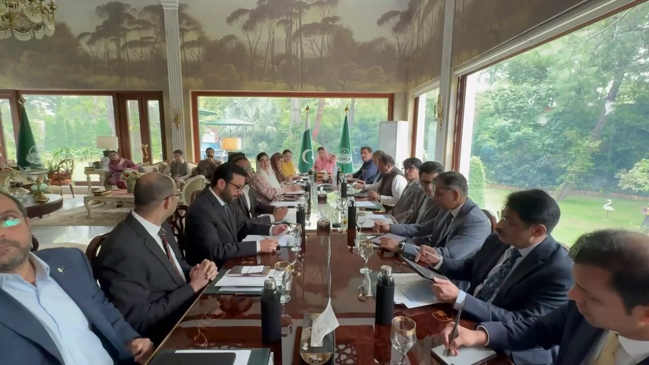 Wide-angle view of a formal meeting in a lavishly decorated room with about 12‑15 officials seated around a dark wood table, water bottles on the table, two Pakistani flags and a forest mural in the background