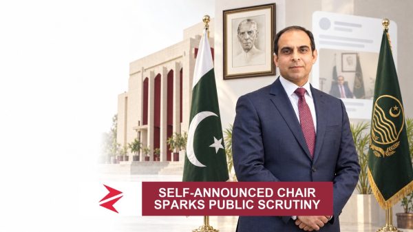 AI-generated editorial illustration: Conceptual editorial illustration for Self‑Announced Chair Sparks Public Scrutiny. Not a documentary photograph.