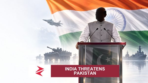 AI-generated editorial illustration: Conceptual editorial illustration for India threatens Pakistan. Not a documentary photograph.