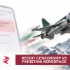 AI-generated editorial illustration: Conceptual editorial illustration for Reddit Censorship vs Pakistani Aerospace. Not a documentary photograph.