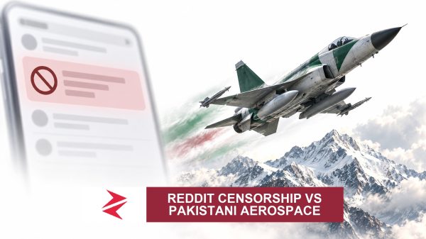 AI-generated editorial illustration: Conceptual editorial illustration for Reddit Censorship vs Pakistani Aerospace. Not a documentary photograph.
