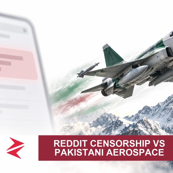 AI-generated editorial illustration: Conceptual editorial illustration for Reddit Censorship vs Pakistani Aerospace. Not a documentary photograph.
