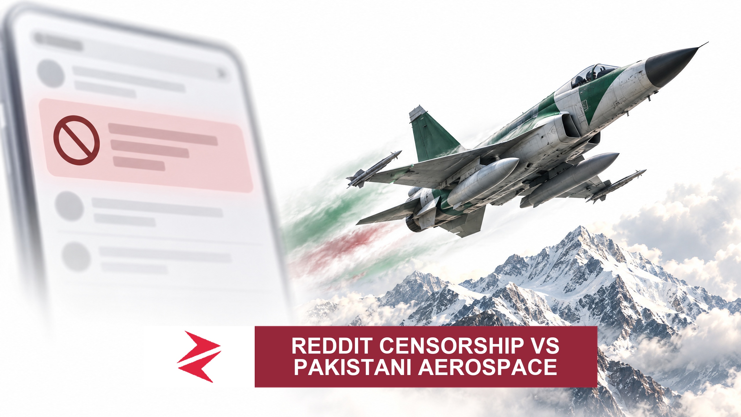 AI-generated editorial illustration: Conceptual editorial illustration for Reddit Censorship vs Pakistani Aerospace. Not a documentary photograph.