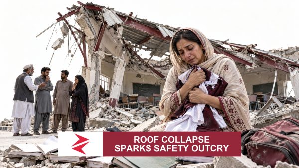 AI-generated editorial illustration: Conceptual editorial illustration for Roof Collapse Sparks Safety Outcry. Not a documentary photograph.