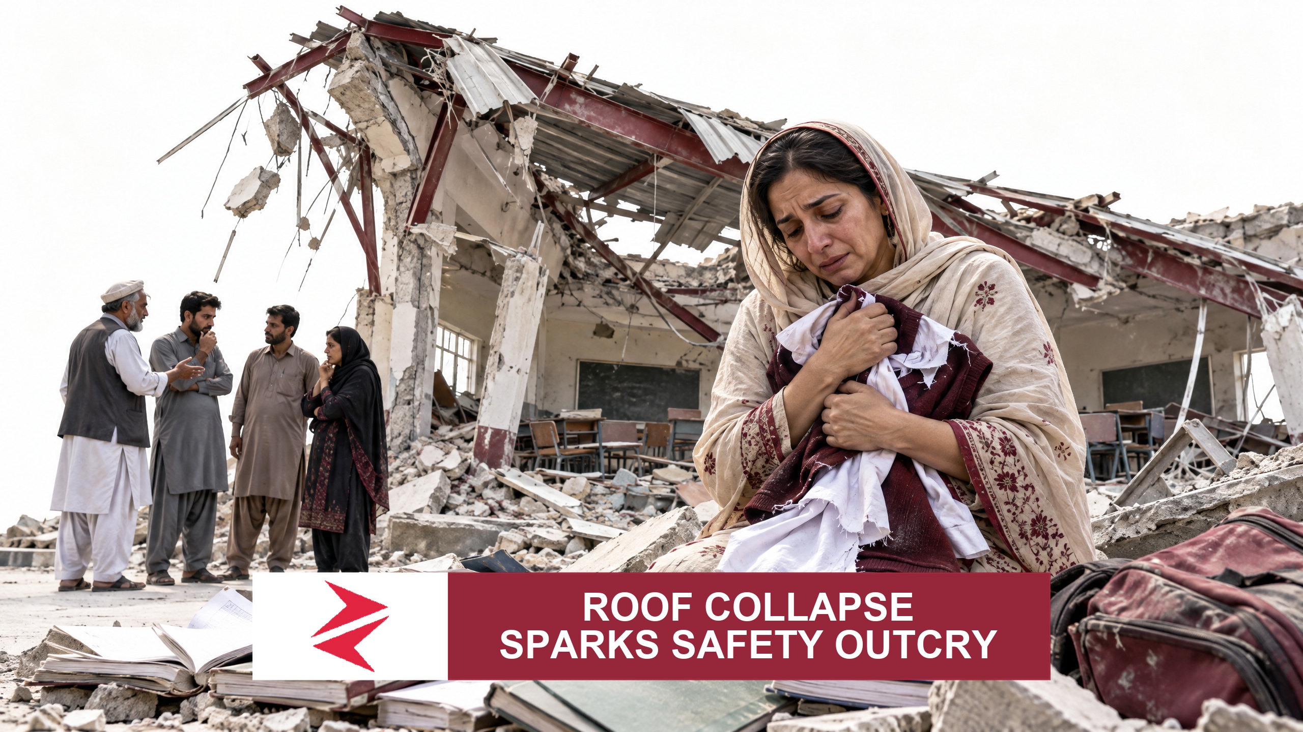 AI-generated editorial illustration: Conceptual editorial illustration for Roof Collapse Sparks Safety Outcry. Not a documentary photograph.