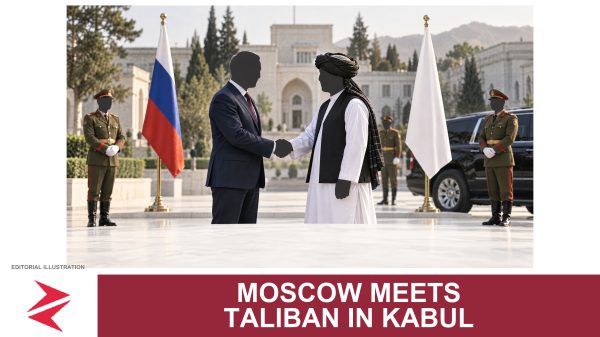 AI-generated editorial illustration: Conceptual editorial illustration for Moscow Meets Taliban in Kabul. Not a documentary photograph.